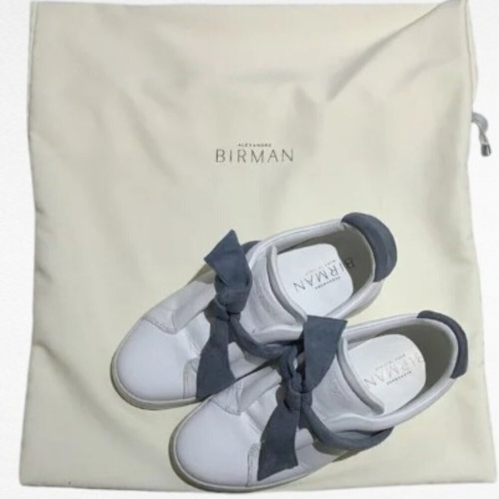Alexandre Birman Clarita Bow Leather Sneakers White/Grey Velvet Bow Size EU 35